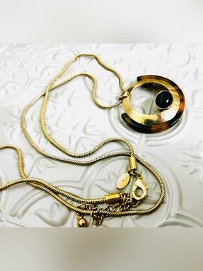 Gold-Tone Round Pendant Necklace with Black Accent